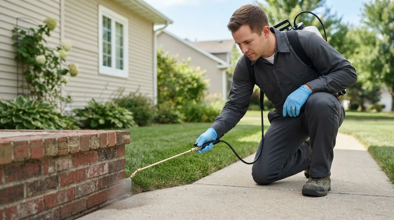Pest control technician treating a home near Angeles, PR